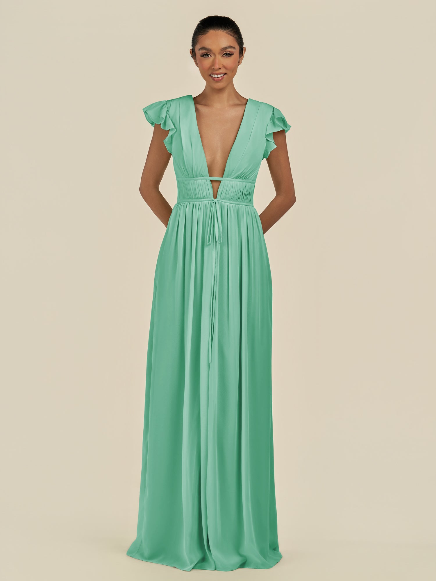 KissDress-Fienna Turquoise A Line Chiffon Deep V Neck Long Bridesmaid Dress with Flutter Sleeves
