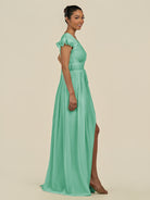 KissDress-Fienna Turquoise A Line Chiffon Deep V Neck Long Bridesmaid Dress with Flutter Sleeves