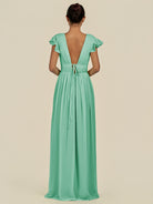 KissDress-Fienna Turquoise A Line Chiffon Deep V Neck Long Bridesmaid Dress with Flutter Sleeves