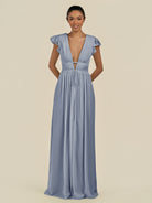 KissDress-Fienna Twilight A Line Chiffon Deep V Neck Long Bridesmaid Dress with Flutter Sleeves