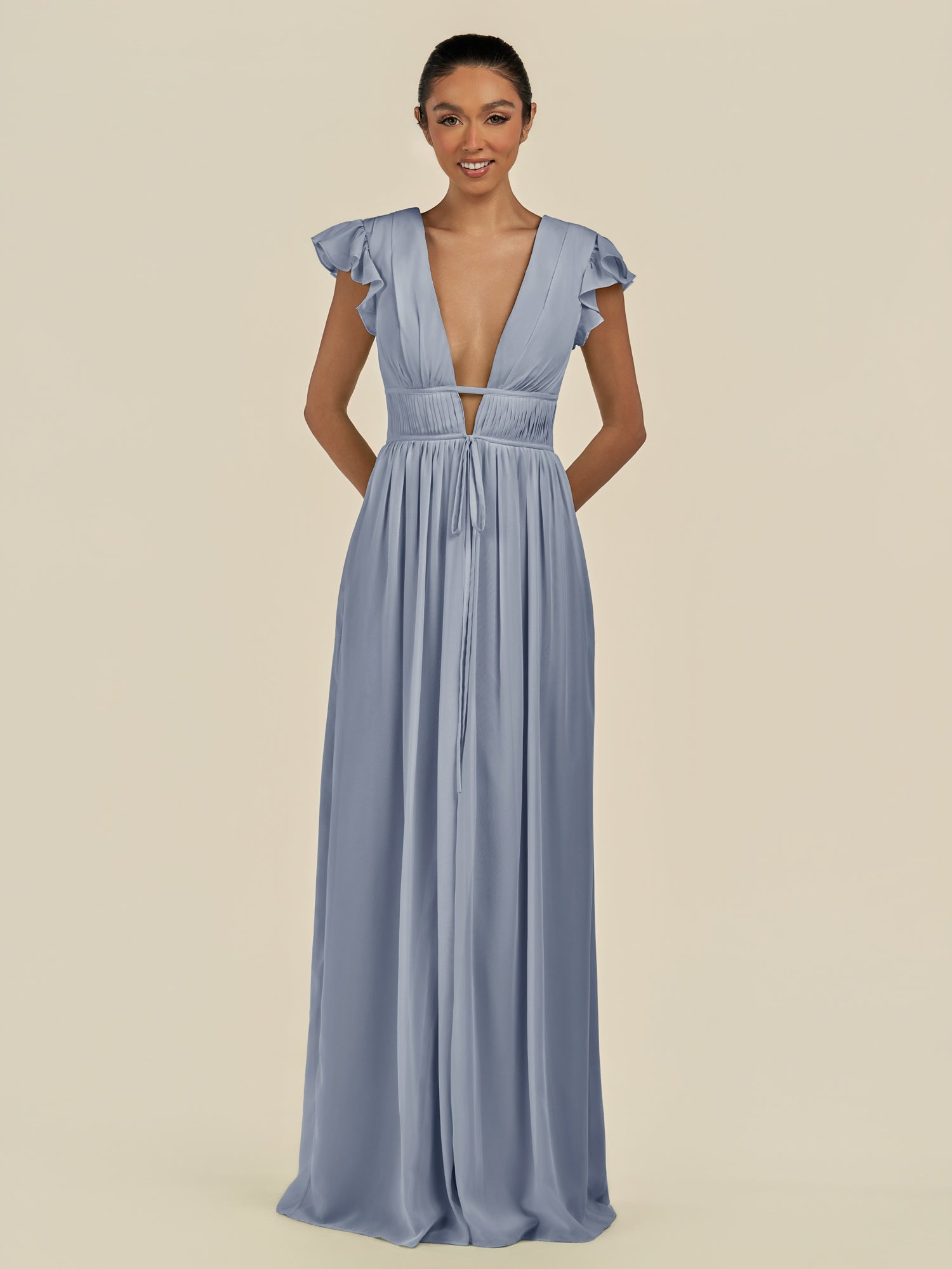 KissDress-Fienna Twilight A Line Chiffon Deep V Neck Long Bridesmaid Dress with Flutter Sleeves