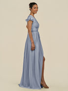 KissDress-Fienna Twilight A Line Chiffon Deep V Neck Long Bridesmaid Dress with Flutter Sleeves