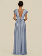 KissDress-Fienna Twilight A Line Chiffon Deep V Neck Long Bridesmaid Dress with Flutter Sleeves