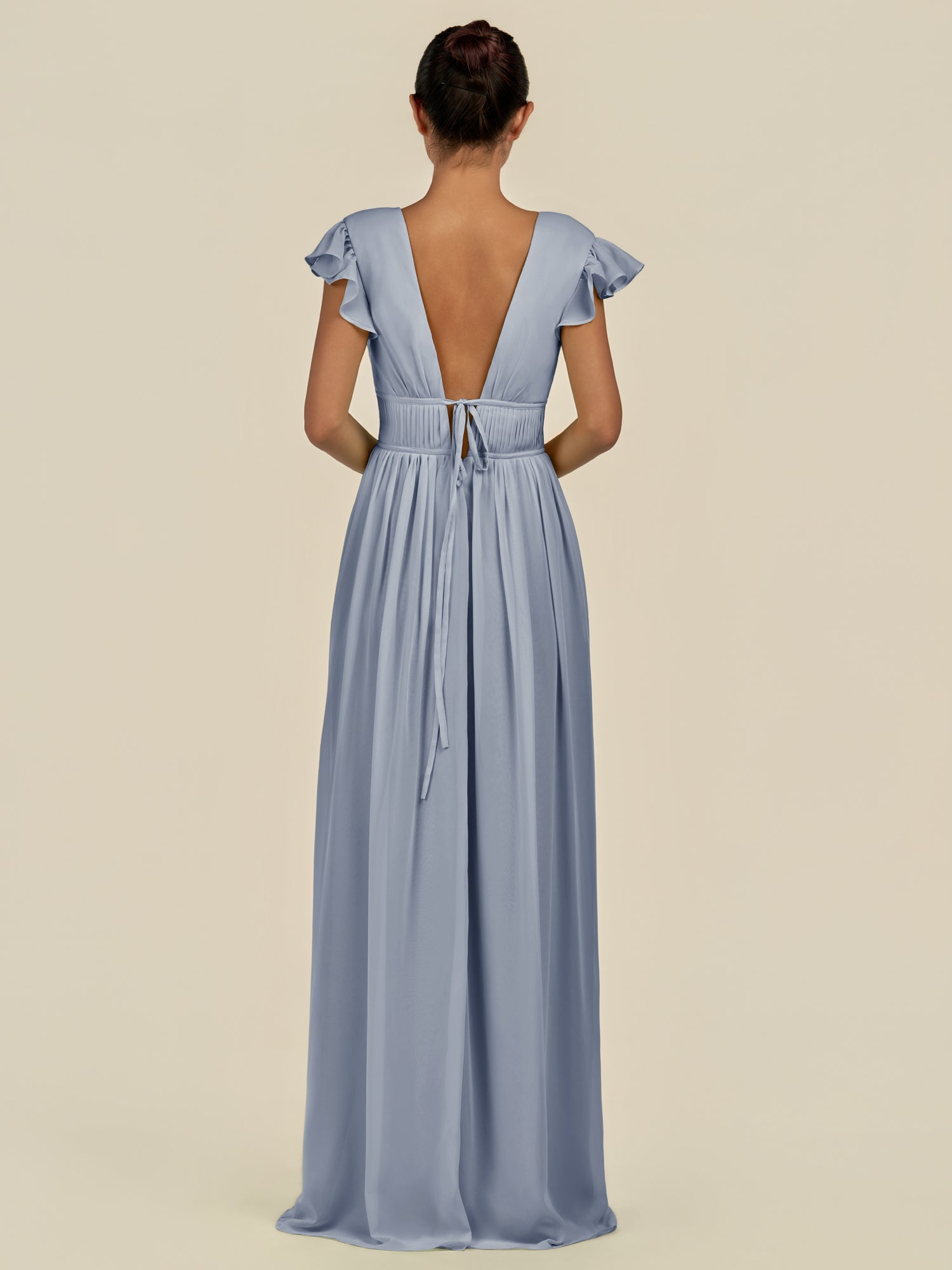KissDress-Fienna Twilight A Line Chiffon Deep V Neck Long Bridesmaid Dress with Flutter Sleeves