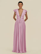 KissDress-Fienna Vintage Mauve A Line Chiffon Deep V Neck Long Bridesmaid Dress with Flutter Sleeves