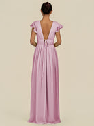 KissDress-Fienna Vintage Mauve A Line Chiffon Deep V Neck Long Bridesmaid Dress with Flutter Sleeves