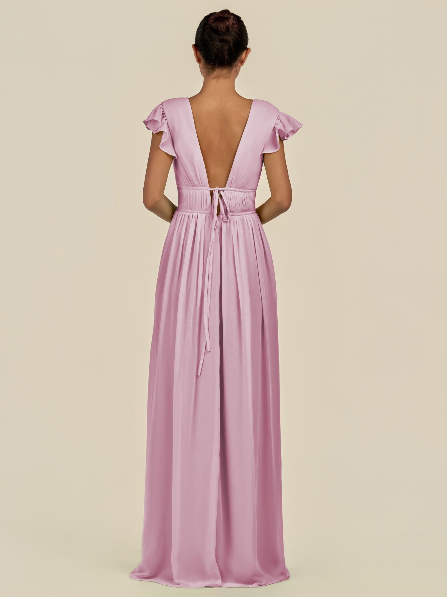 KissDress-Fienna Vintage Mauve A Line Chiffon Deep V Neck Long Bridesmaid Dress with Flutter Sleeves