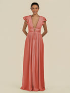 KissDress-Fienna Wild Rose A Line Chiffon Deep V Neck Long Bridesmaid Dress with Flutter Sleeves