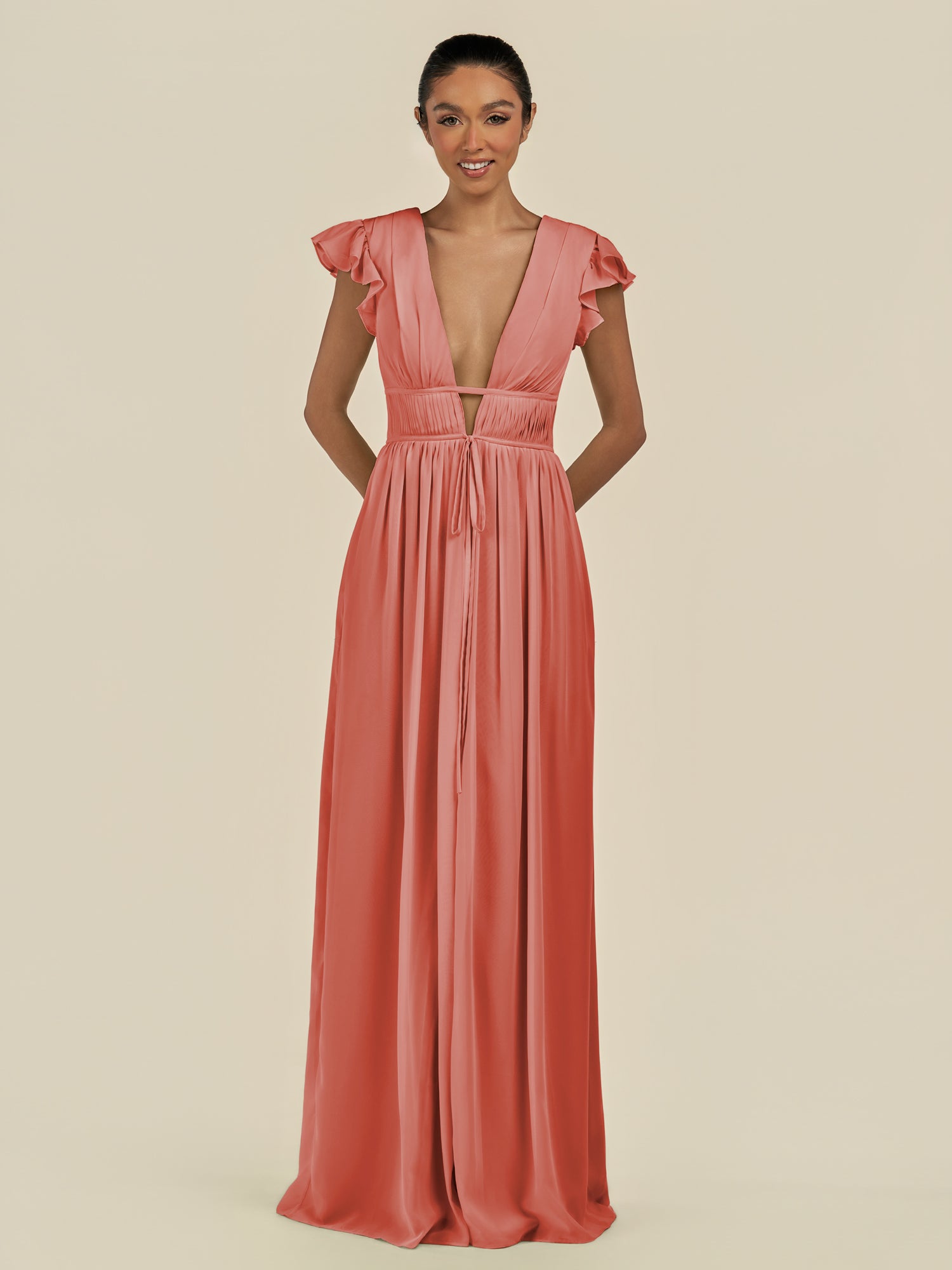 KissDress-Fienna Wild Rose A Line Chiffon Deep V Neck Long Bridesmaid Dress with Flutter Sleeves
