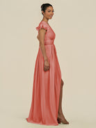 KissDress-Fienna Wild Rose A Line Chiffon Deep V Neck Long Bridesmaid Dress with Flutter Sleeves