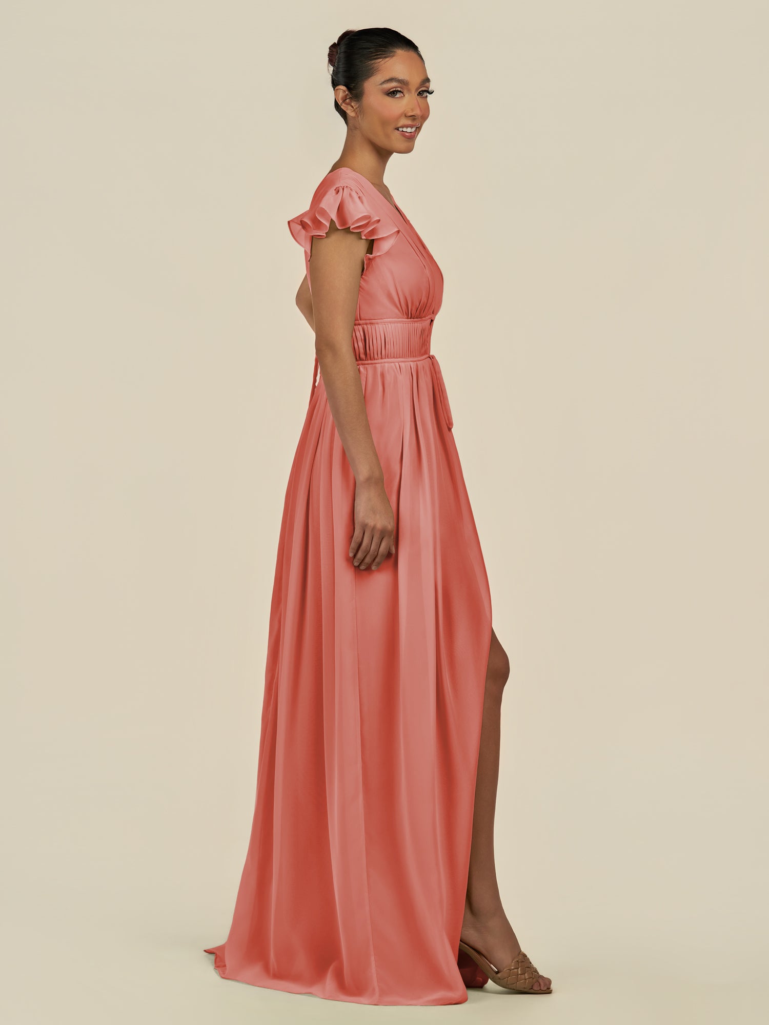KissDress-Fienna Wild Rose A Line Chiffon Deep V Neck Long Bridesmaid Dress with Flutter Sleeves