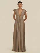 KissDress-Fienna Willow Green A Line Chiffon Deep V Neck Long Bridesmaid Dress with Flutter Sleeves