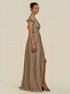 KissDress-Fienna Willow Green A Line Chiffon Deep V Neck Long Bridesmaid Dress with Flutter Sleeves
