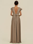 KissDress-Fienna Willow Green A Line Chiffon Deep V Neck Long Bridesmaid Dress with Flutter Sleeves