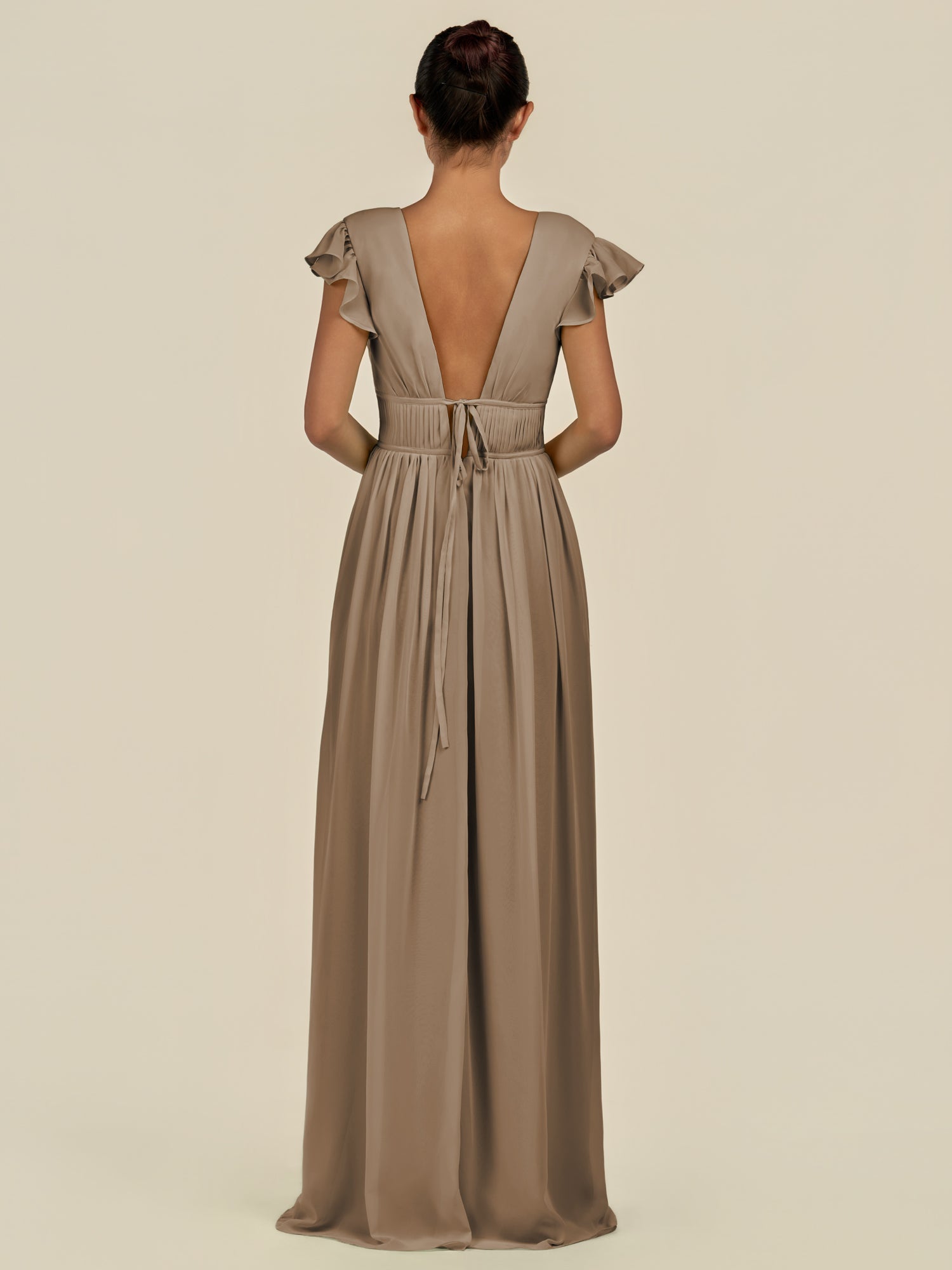 KissDress-Fienna Willow Green A Line Chiffon Deep V Neck Long Bridesmaid Dress with Flutter Sleeves