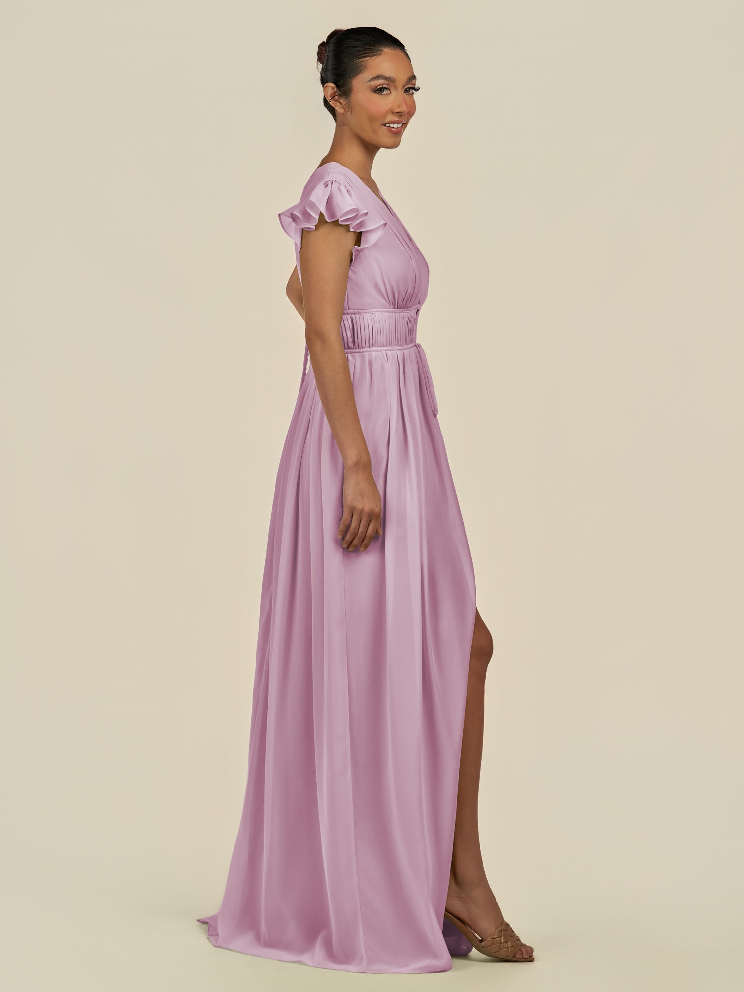 KissDress-Fienna Wisteria A Line Chiffon Deep V Neck Long Bridesmaid Dress with Flutter Sleeves