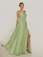 KissDress-Fira Matcha A Line Chiffon V Neck Pleated Long Bridesmaid Dress with Slit