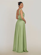 KissDress-Fira Matcha A Line Chiffon V Neck Pleated Long Bridesmaid Dress with Slit
