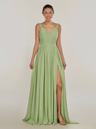 KissDress-Fira Matcha A Line Chiffon V Neck Pleated Long Bridesmaid Dress with Slit