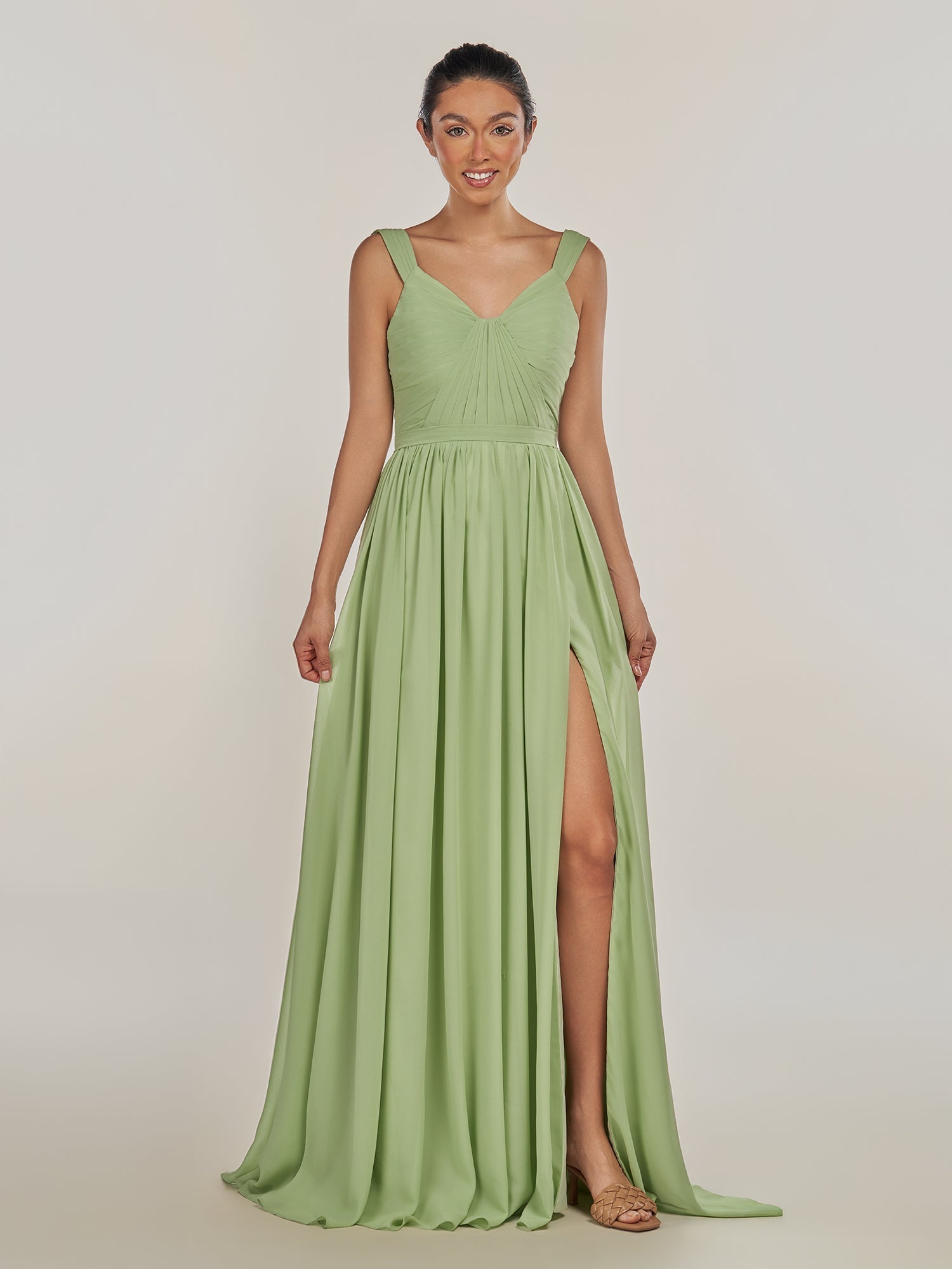 KissDress-Fira Spice A Line Chiffon V Neck Pleated Long Bridesmaid Dress with Slit