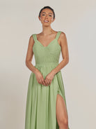 KissDress-Fira Matcha A Line Chiffon V Neck Pleated Long Bridesmaid Dress with Slit