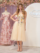 3D Flower Tulle Tea Length Prom Dresses - KissProm