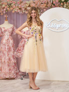 3D Flower Tulle Tea Length Prom Dresses - KissProm