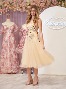 3D Flower Tulle Tea Length Prom Dresses - KissProm