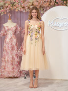 3D Flower Tulle Tea Length Prom Dresses - KissProm