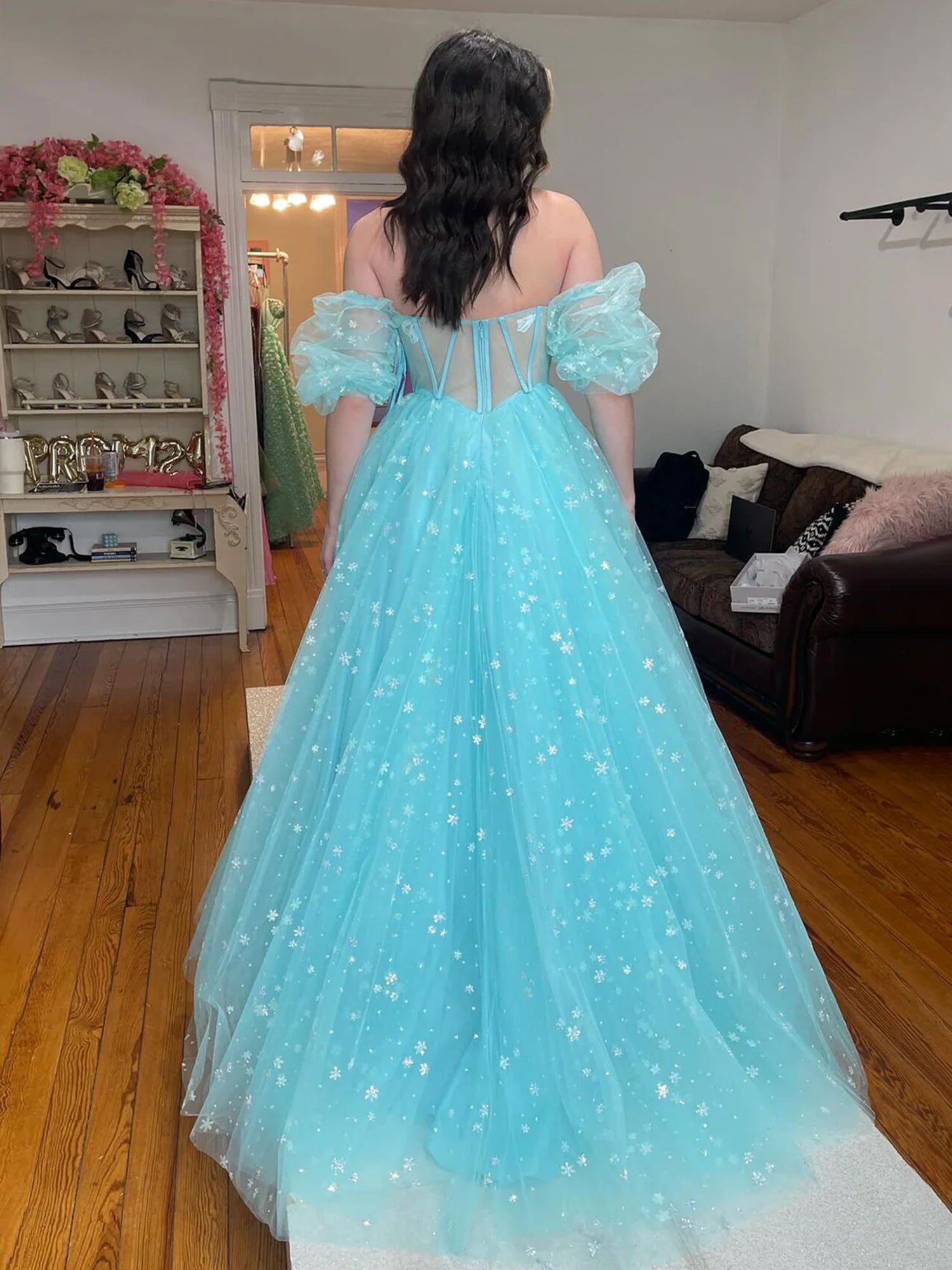 Aqua Blue Strapless A Line Tulle Starry Long Prom Dress