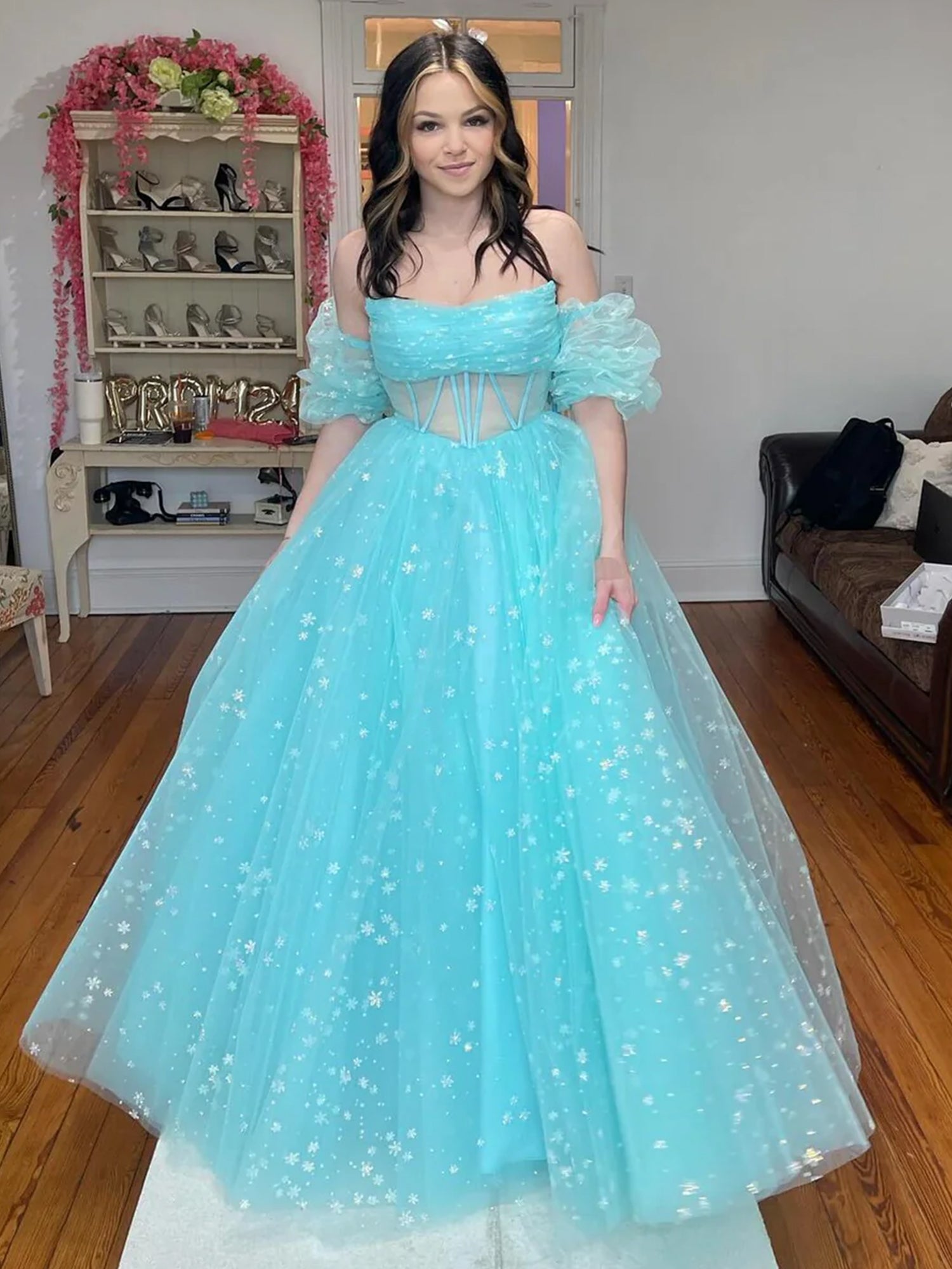 Aqua Blue Strapless A Line Tulle Starry Long Prom Dress