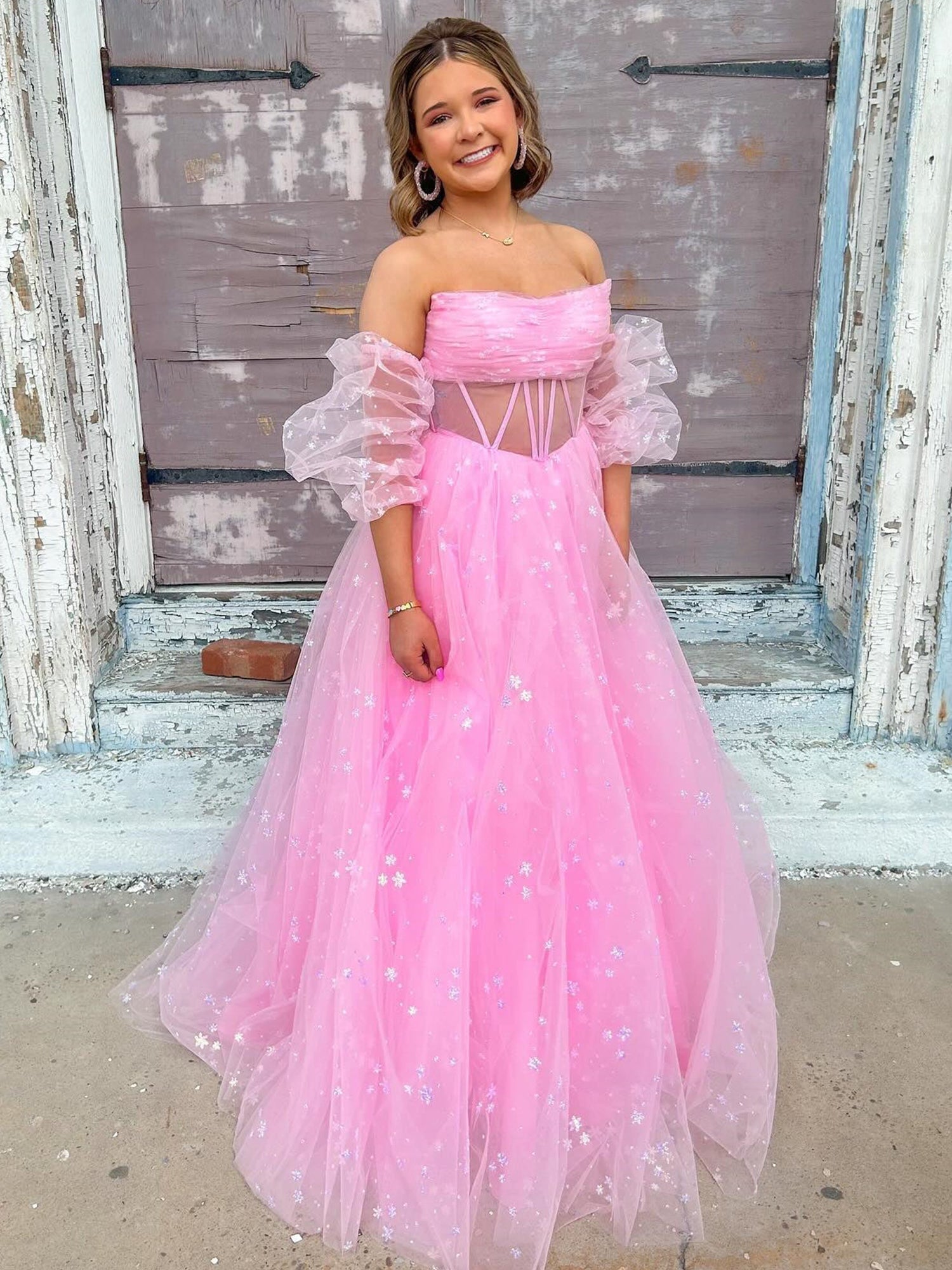 Aqua Blue Strapless A Line Tulle Starry Long Prom Dress