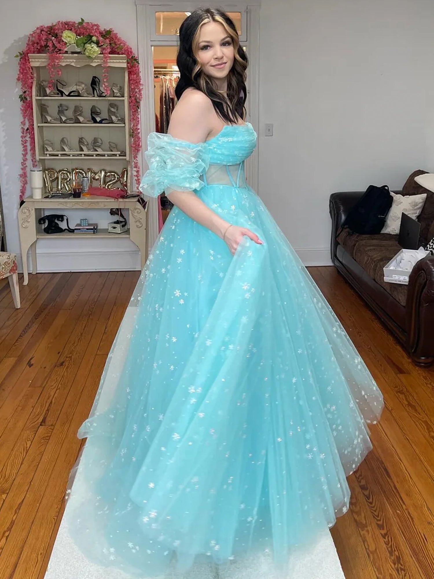 Aqua Blue Strapless A Line Tulle Starry Long Prom Dress