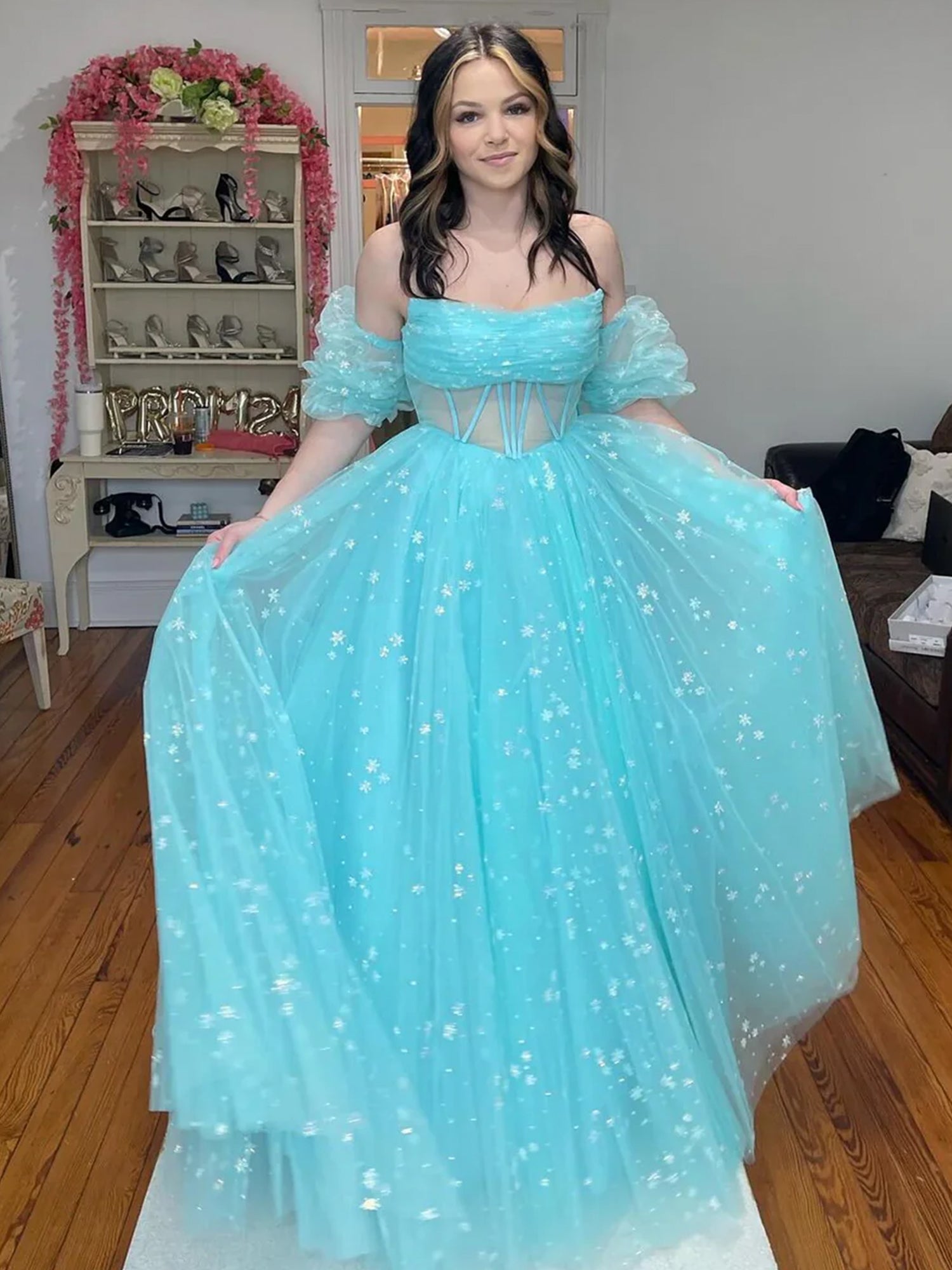 Aqua Blue Strapless A Line Tulle Starry Long Prom Dress