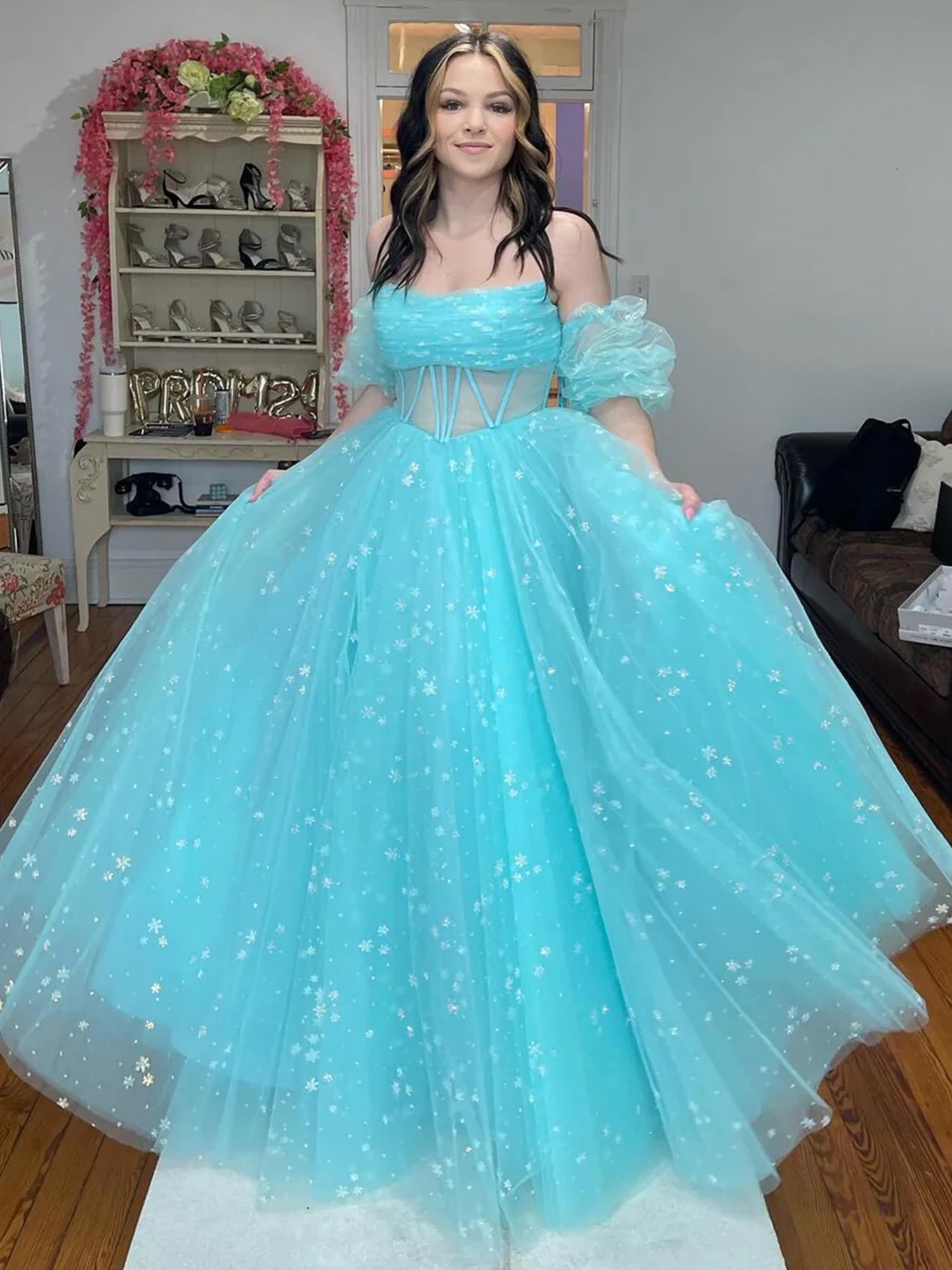 Aqua Blue Strapless A Line Tulle Starry Long Prom Dress