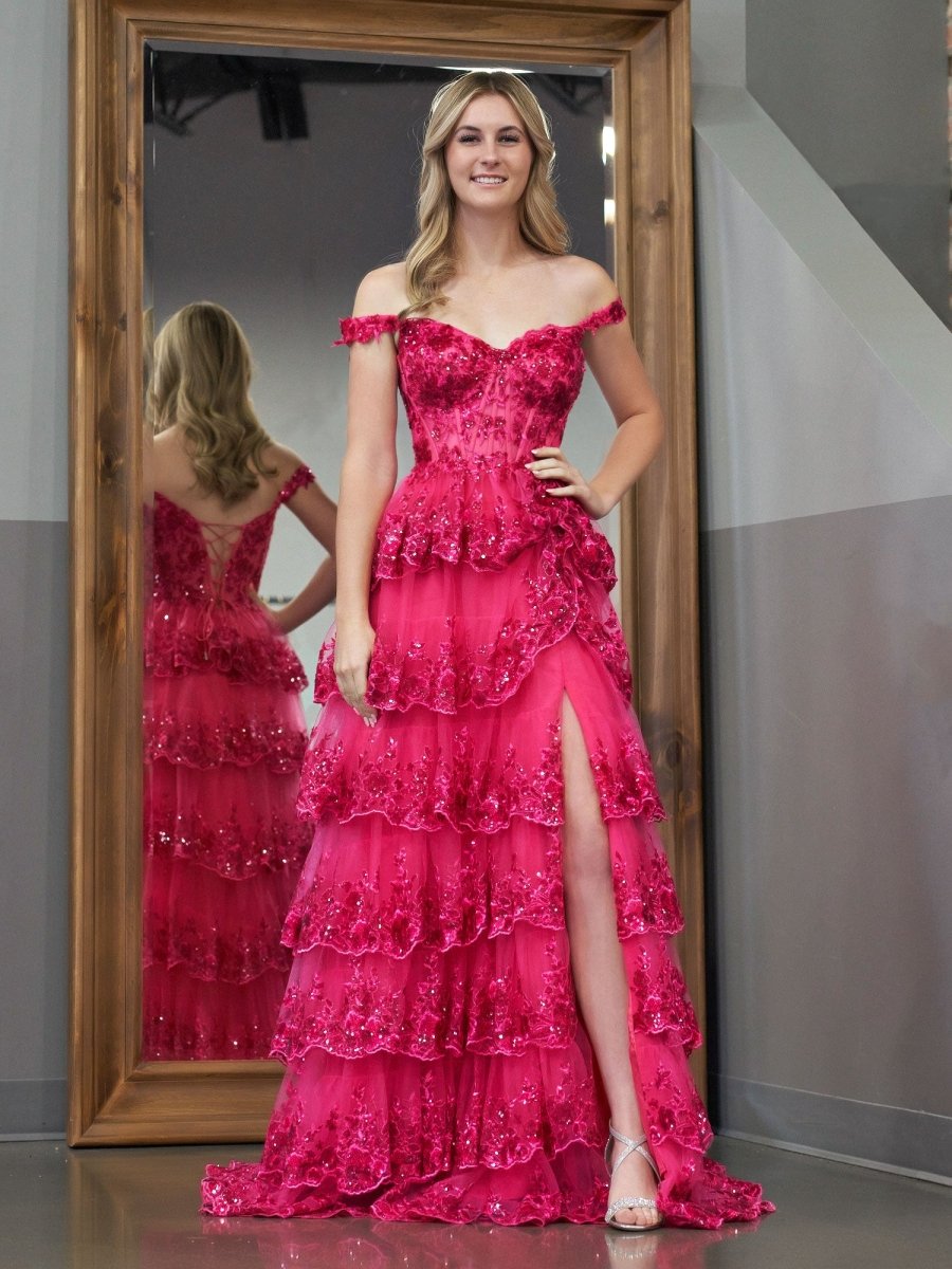 Fuchsia Princess A Line Off the Shoulder Corset Prom Dress with Lace R KissDress Fuchsia Princess A Line Off the Shoulder Corset Prom Dress with Lace R KissDress