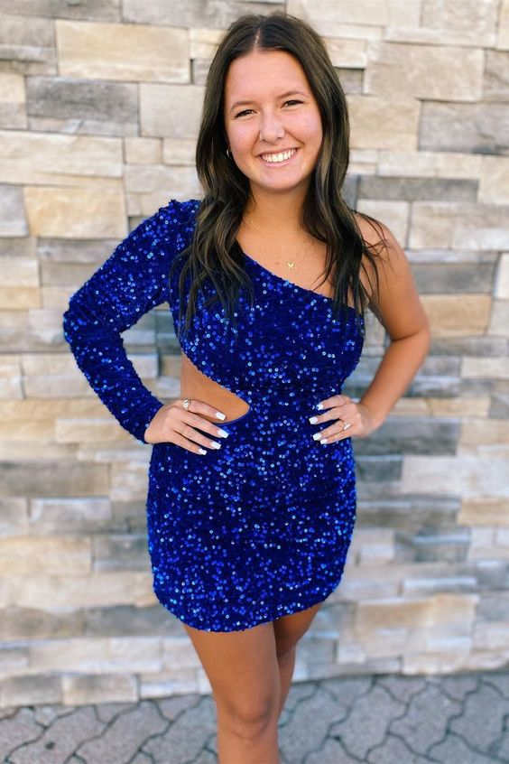 Sheath Sequin One Shoulder Homecoming Dress(Right Side Long Sleeve)