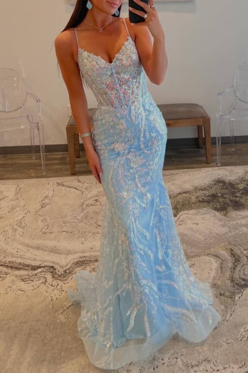 Margaret | Straps Light Blue V - Neck Sequin Appliques Mermaid Prom Dress - KissProm