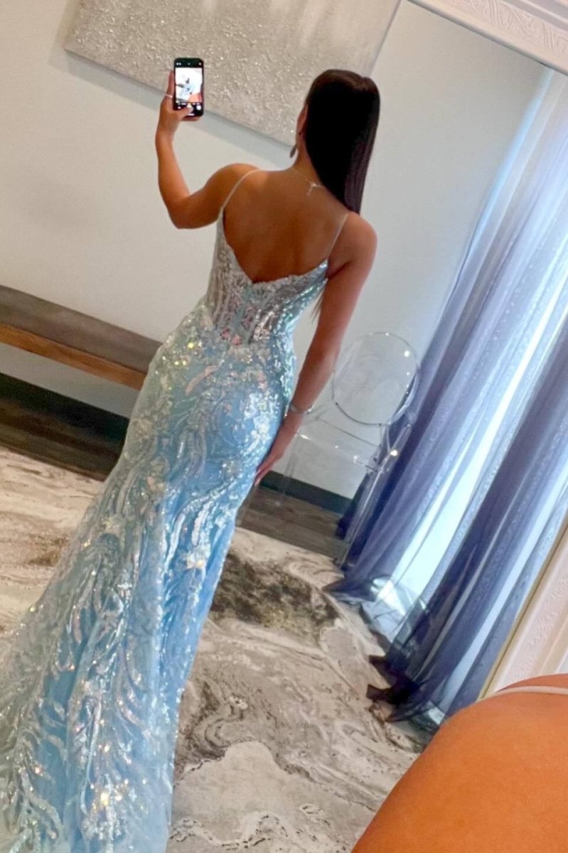 Margaret | Straps Light Blue V - Neck Sequin Appliques Mermaid Prom Dress - KissProm