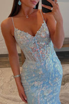 Margaret | Straps Light Blue V - Neck Sequin Appliques Mermaid Prom Dress - KissProm