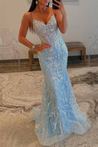 Margaret | Straps Light Blue V - Neck Sequin Appliques Mermaid Prom Dress - KissProm