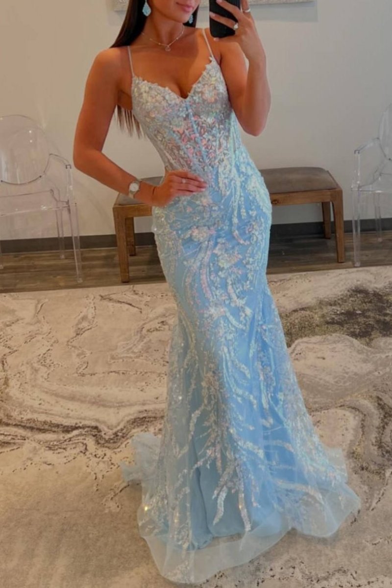 Margaret | Straps Light Blue V - Neck Sequin Appliques Mermaid Prom Dress - KissProm