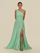 KissDress-Gaela Pale Pistachio A Line One Shoulder Chiffon Pleated Long Bridesmaid Dress with Slit