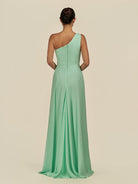 KissDress-Gaela Pale Pistachio A Line One Shoulder Chiffon Pleated Long Bridesmaid Dress with Slit
