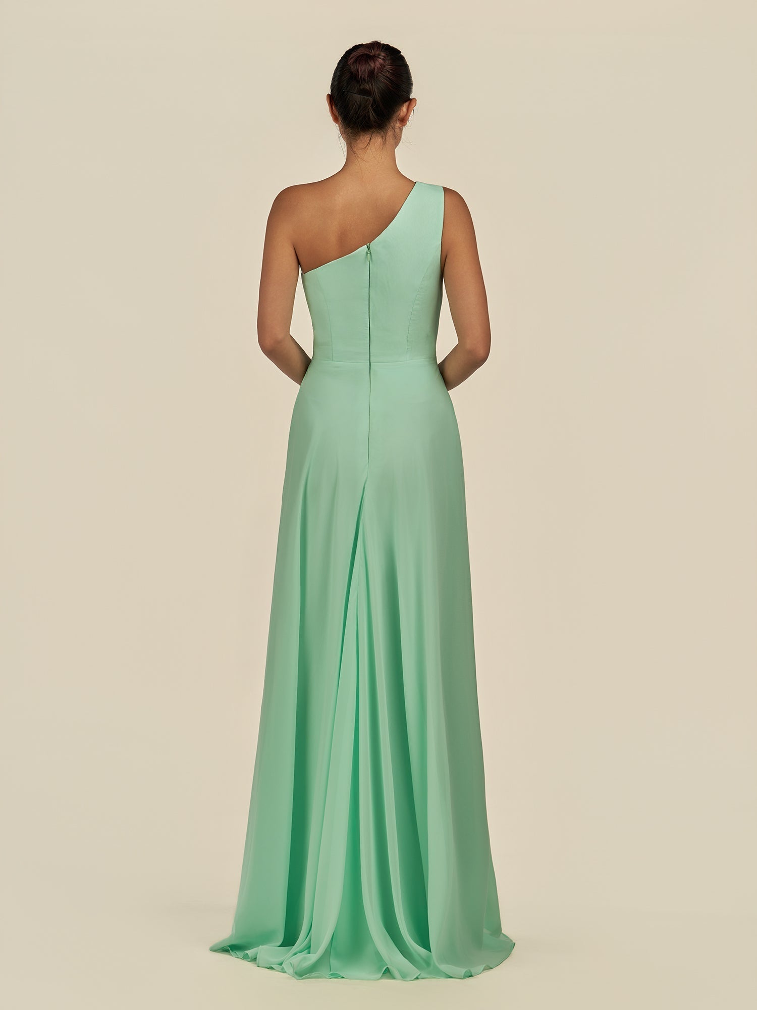 KissDress-Gaela Pale Pistachio A Line One Shoulder Chiffon Pleated Long Bridesmaid Dress with Slit