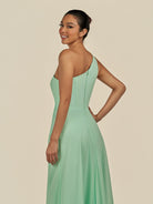 KissDress-Gaela Pale Pistachio A Line One Shoulder Chiffon Pleated Long Bridesmaid Dress with Slit