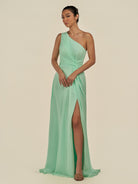 KissDress-Gaela Pale Pistachio A Line One Shoulder Chiffon Pleated Long Bridesmaid Dress with Slit