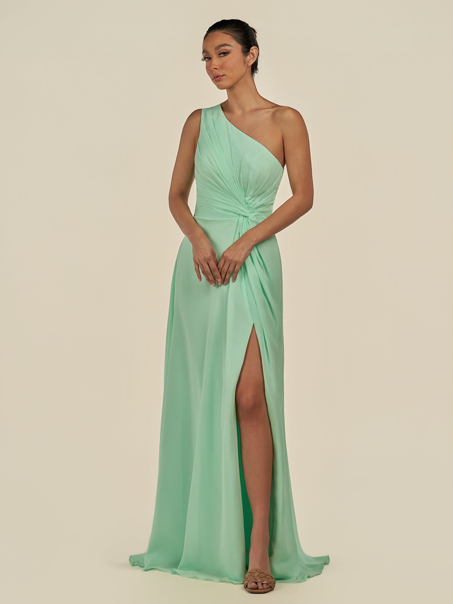 KissDress-Gaela Pale Pistachio A Line One Shoulder Chiffon Pleated Long Bridesmaid Dress with Slit