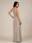 KissDress-Gaura Almond A Line Chiffon One Shoulder Pleated Long Bridesmaid Dress with Slit
