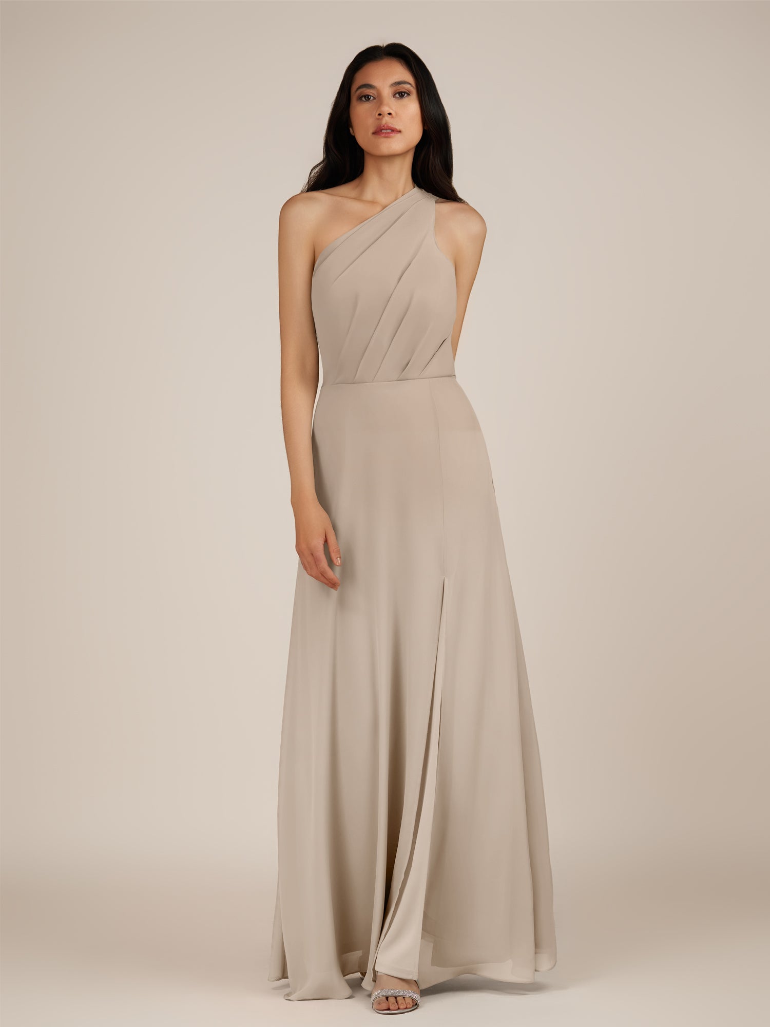 KissDress-Gaura Almond A Line Chiffon One Shoulder Pleated Long Bridesmaid Dress with Slit